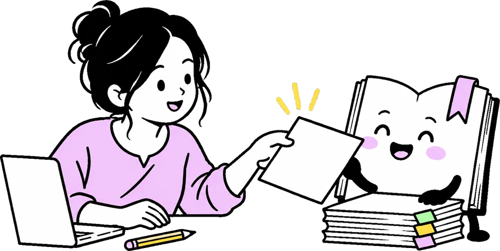 A student and a cheerful book companion organising contributed exam papers